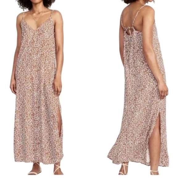 Old Navy XXL Maxi V Neck Tie Back Side Slits Slip Dress Giraffe Abstract Print - Picture 2 of 13